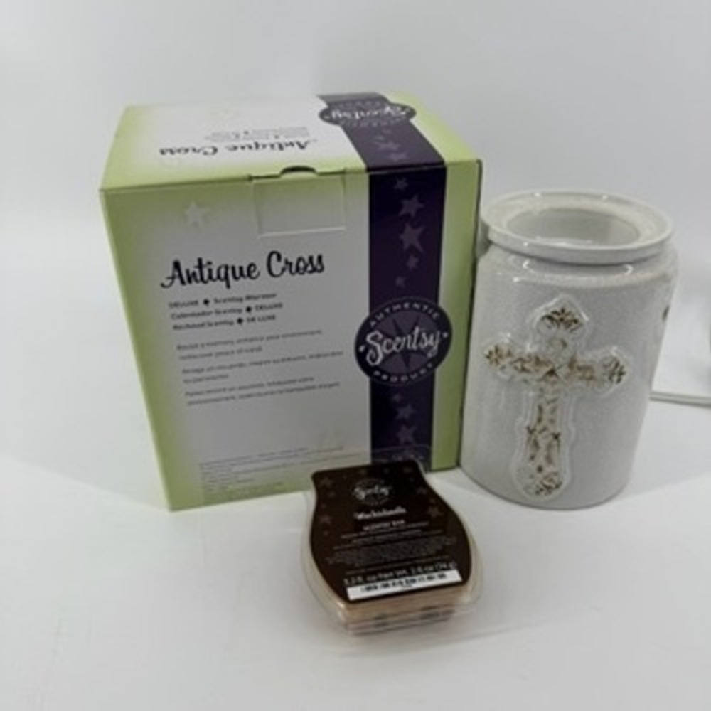 Scentsy Antique Cross Deluxe Electric Wax‎ Warmer Bundle Cream Crackle Finish